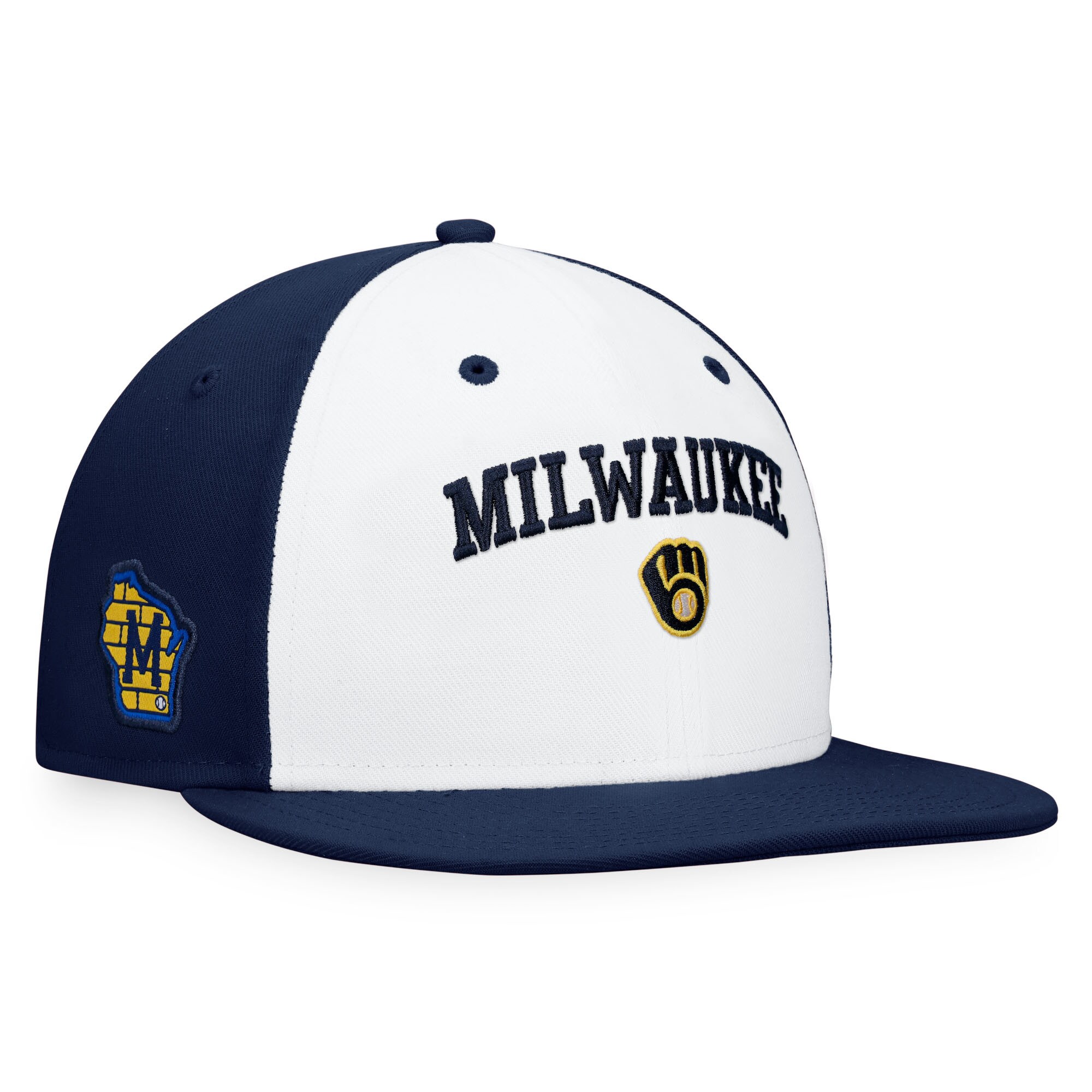 mens milwaukee brewers fanatics whitenavy iconic color blocked fitted hat | Milwaukee Brewers Hats MLB Hats & Jerseys Collection