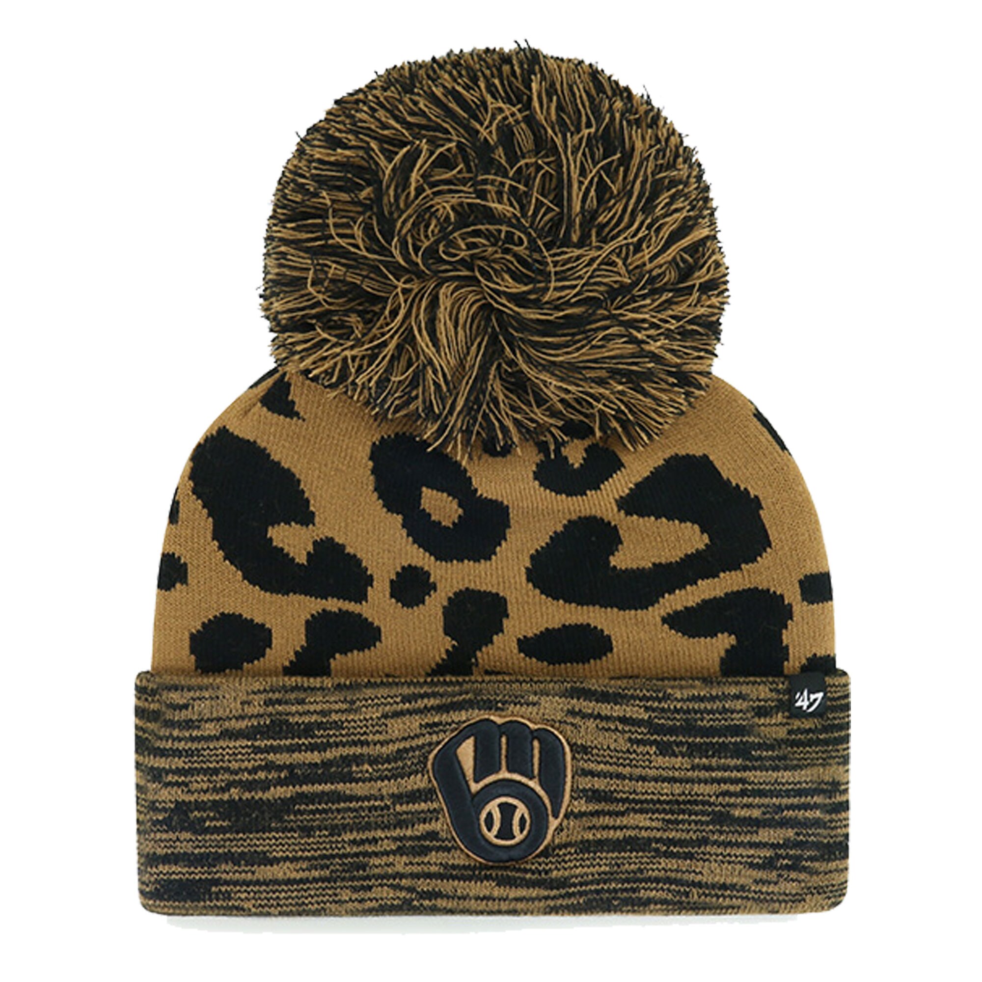 womens milwaukee brewers 47 leopard rosette cuffed knit hat with pom | Milwaukee Brewers Hats MLB Hats & Jerseys Collection